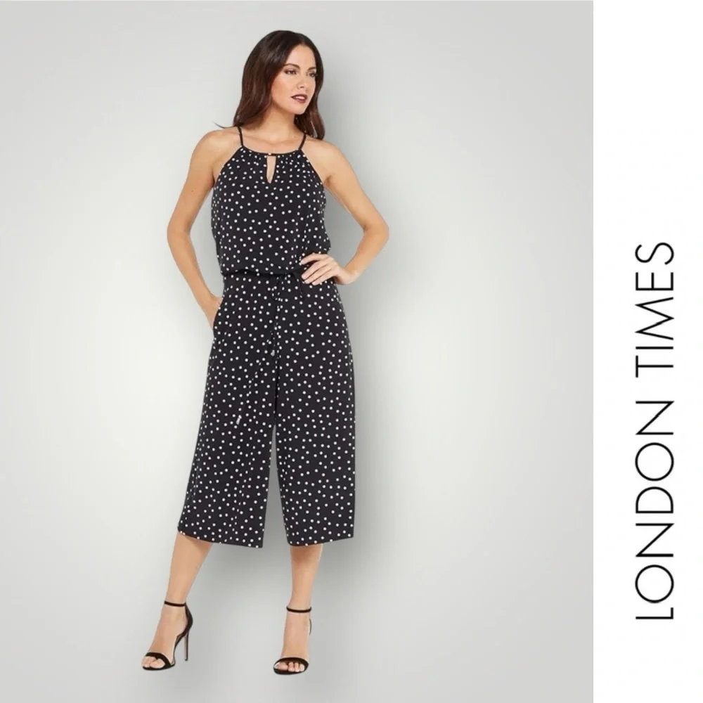 London Times Black and White Happy Dot Cropped Jumpsuit,‎ Size 4, MSRP $60